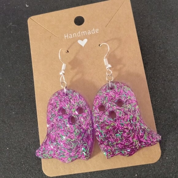 Handmade Jewelry - Cute purple ghost Halloween dangle earrings with iridescent glitter silver hooks